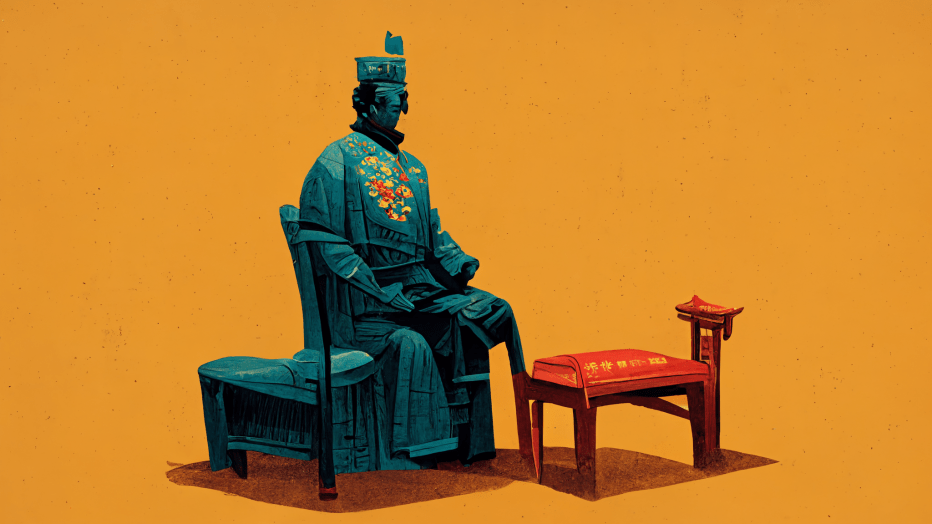 Abstrakt bilde av en sittende keiser på oransje bakgrunn