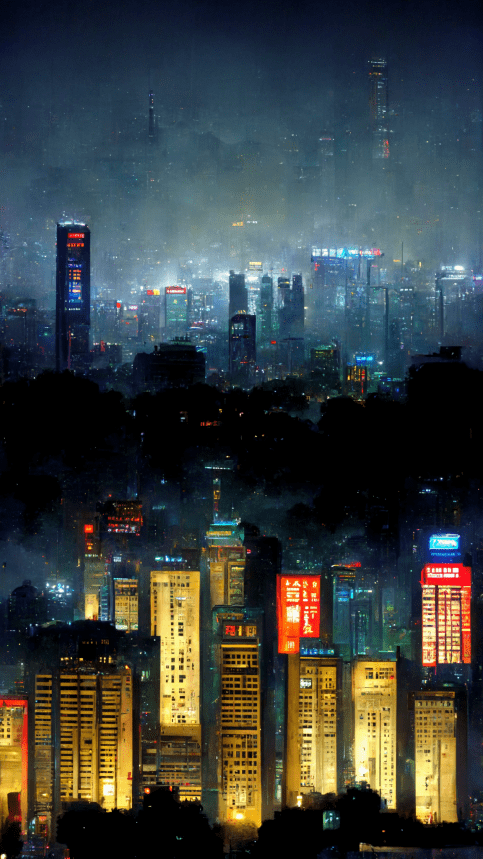 postmodern image of a fictional chinese skyline